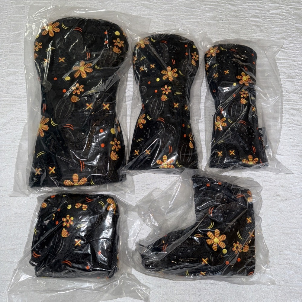 Golf Iconic Floral Club Cover Set Of 5 Orange Yellow Black Woods And Putters